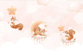 Playful cartoon squirrel design wallpaper with trees and woodland theme